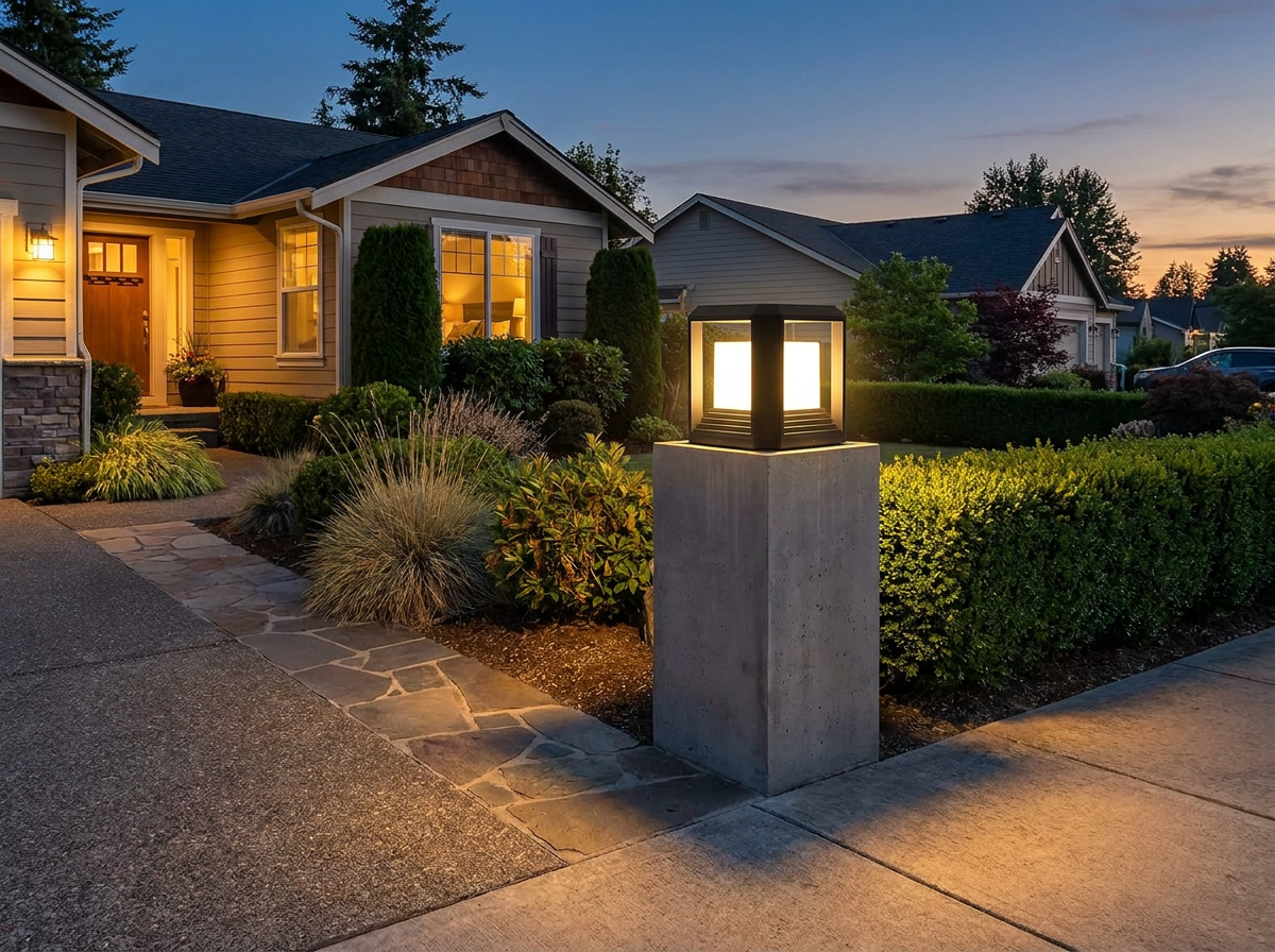 PLUSLED 9.88-inch black LED pillar post light on a modern American driveway entrance column at dusk