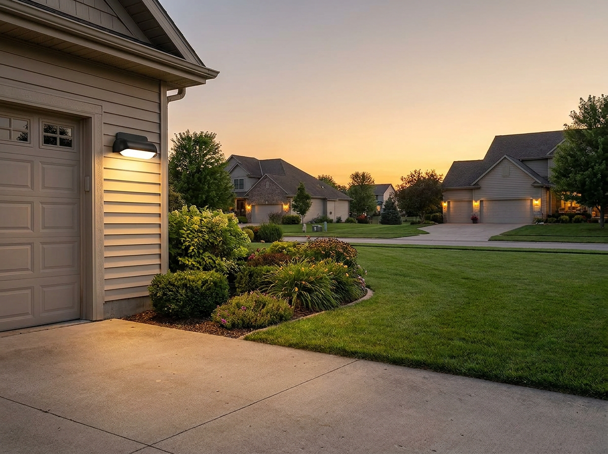 PLUSLED modern outdoor LED wall sconce mounted on a garage wall lighting an American driveway at dusk in summer 2026