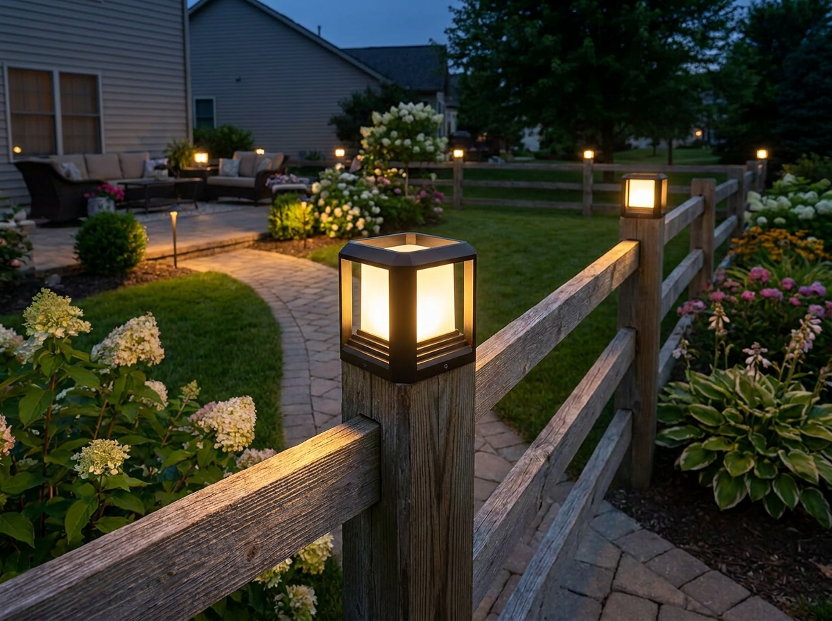 PLUSLED 5.91 inch black LED post light mounted on a wooden garden fence post in an American suburban backyard