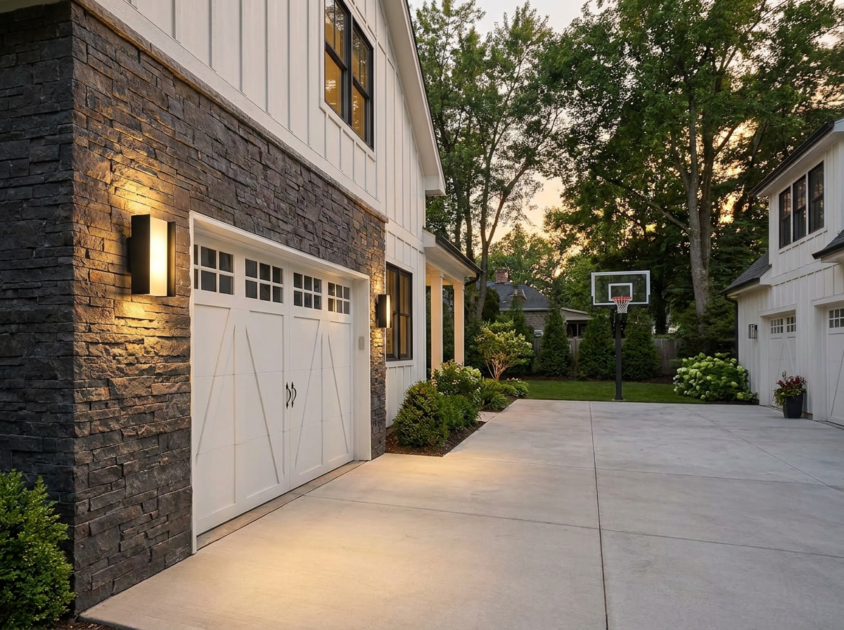 PLUSLED 20W matte black up-down outdoor wall sconce mounted beside a suburban American garage on a summer evening