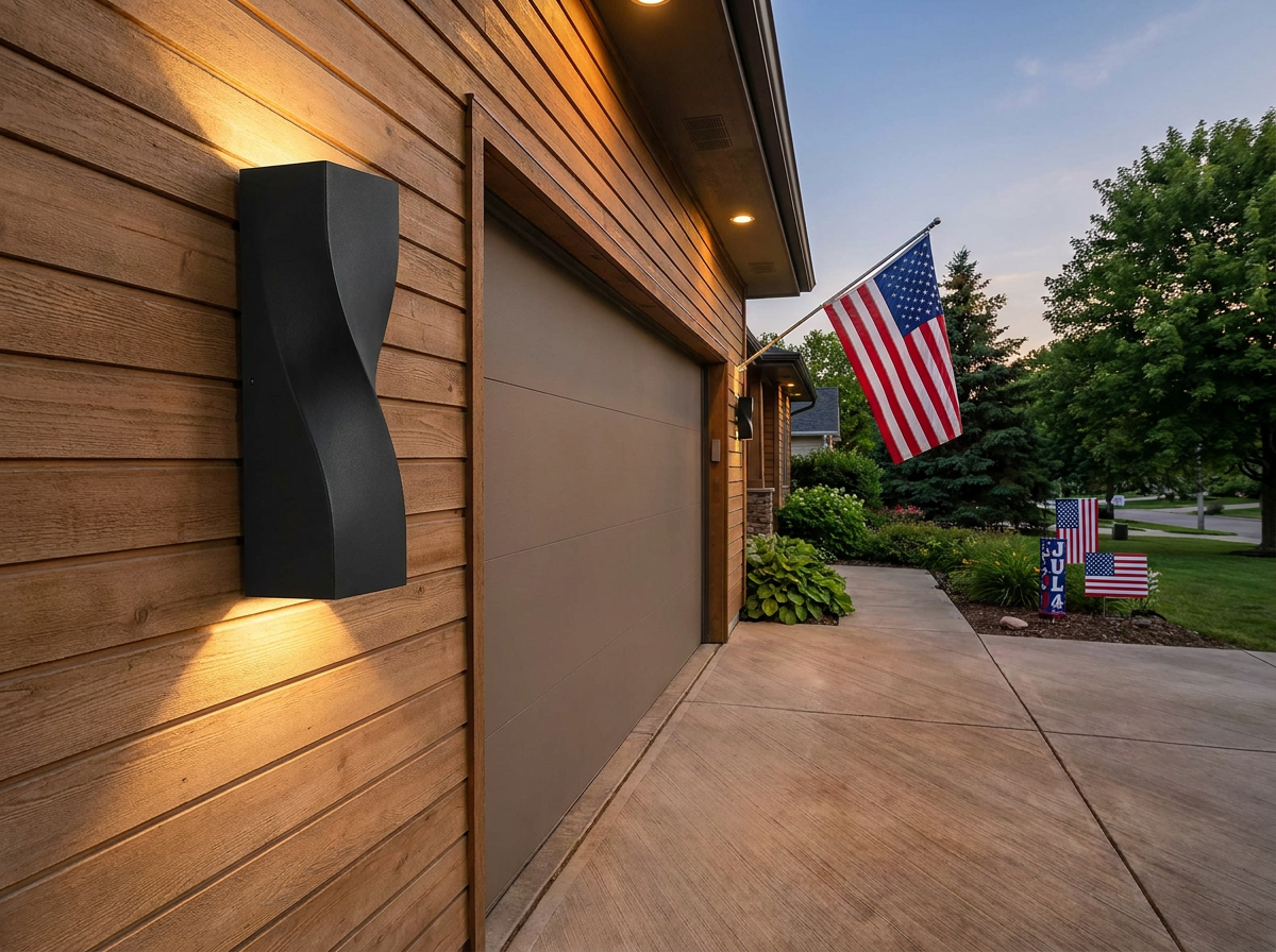 PLUSLED 15.75 inch black wall sconce on modern garage exterior with American flag, July 4th 2026 summer evening