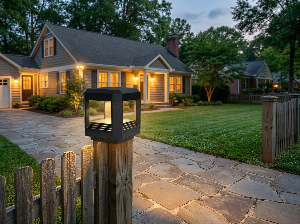 PLUSLED 5.94-inch hard-wired LED post light along a residential fence-lined driveway in summer evening light