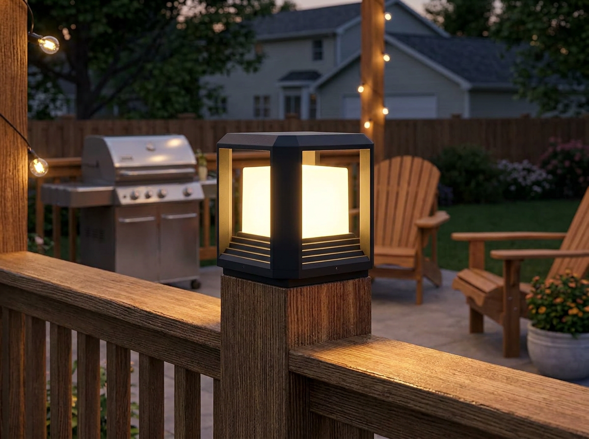 PLUSLED 9.88-inch black LED pillar post light on a wooden deck railing in an American suburban backyard at summer evening