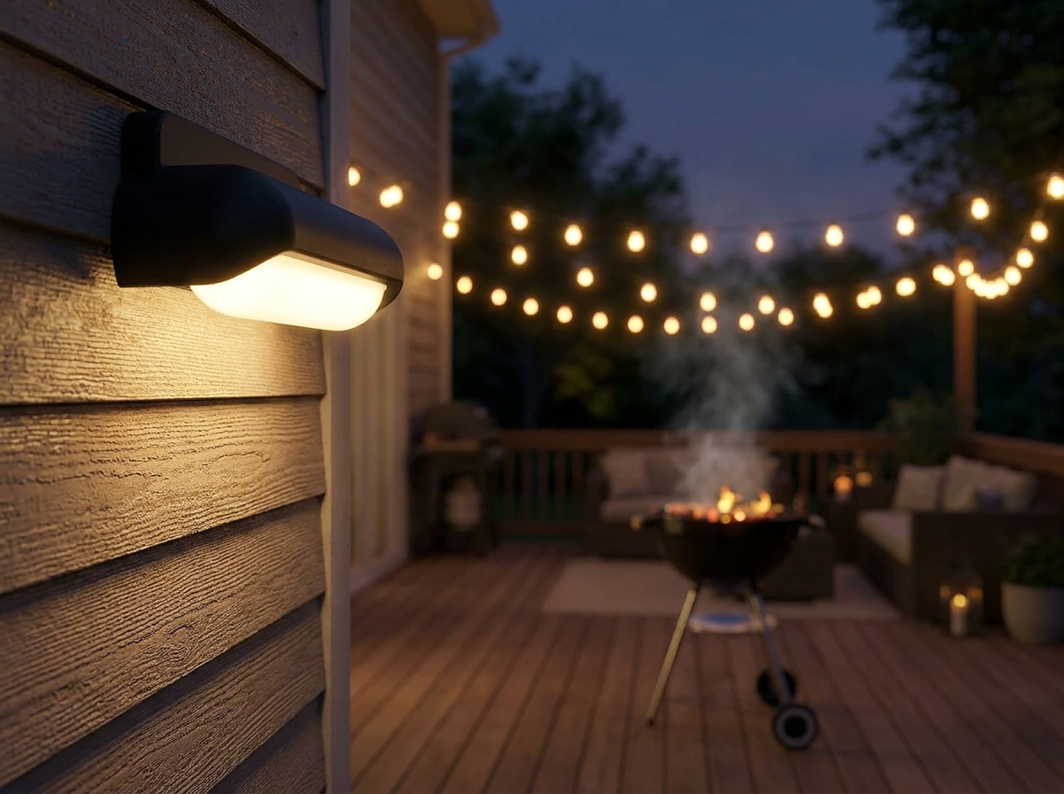 PLUSLED 13W modern outdoor wall sconce mounted on an American backyard patio wall during a summer evening BBQ