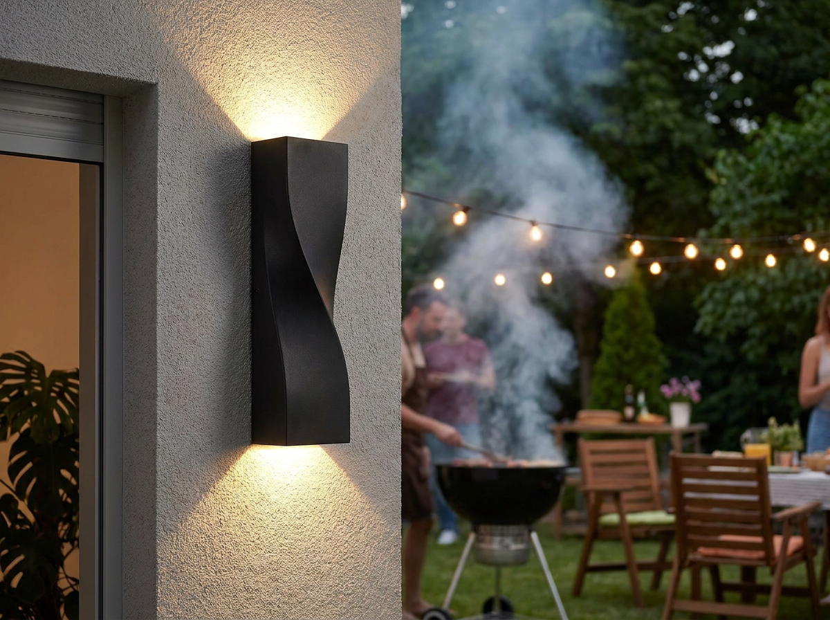 PLUSLED 15.75-inch outdoor wall sconce on garage exterior wall during summer 2026 backyard BBQ