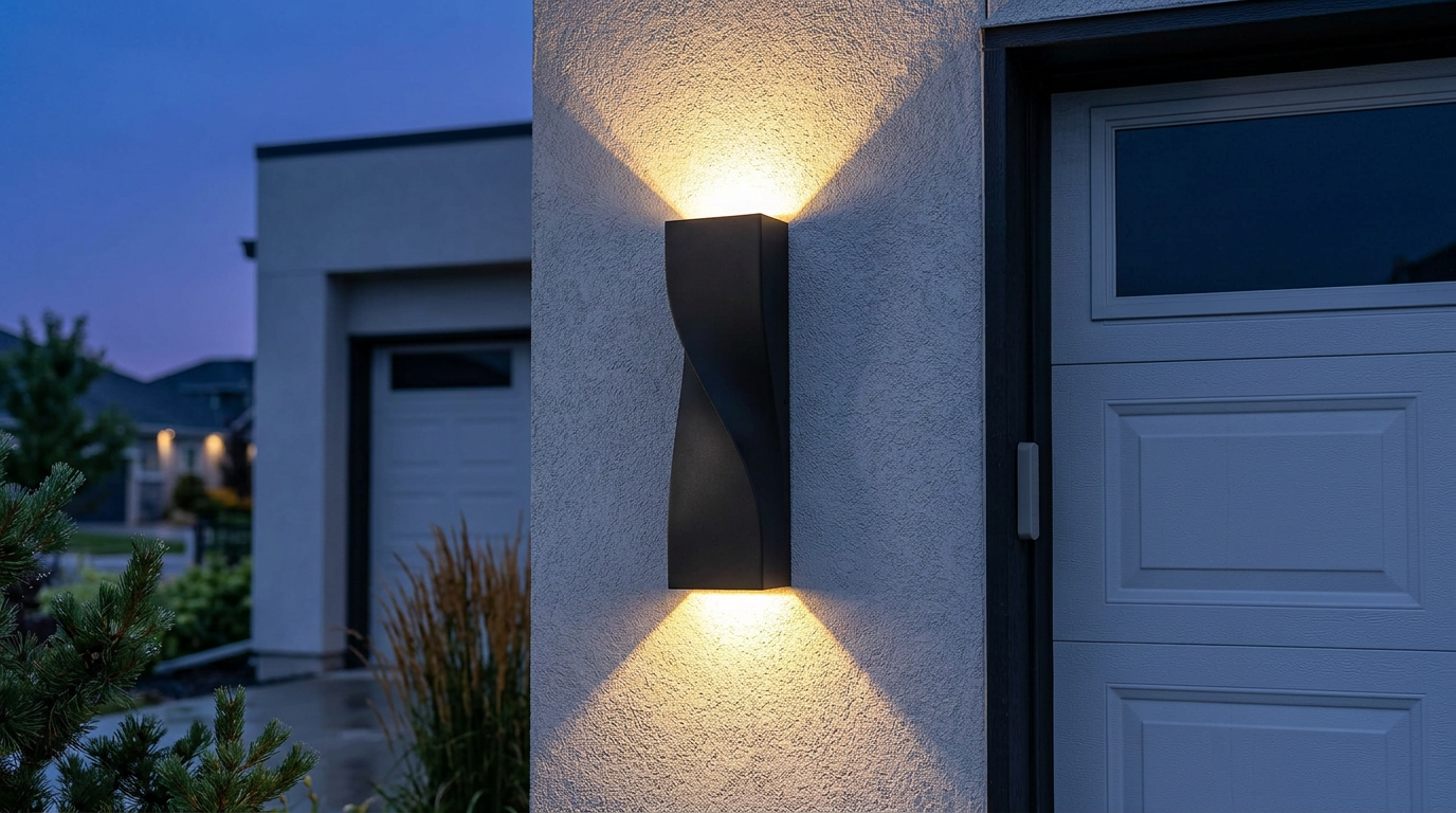 PLUSLED 15.75 inch black S-shape modern outdoor wall sconce mounted beside a garage door at dusk with warm up-down light