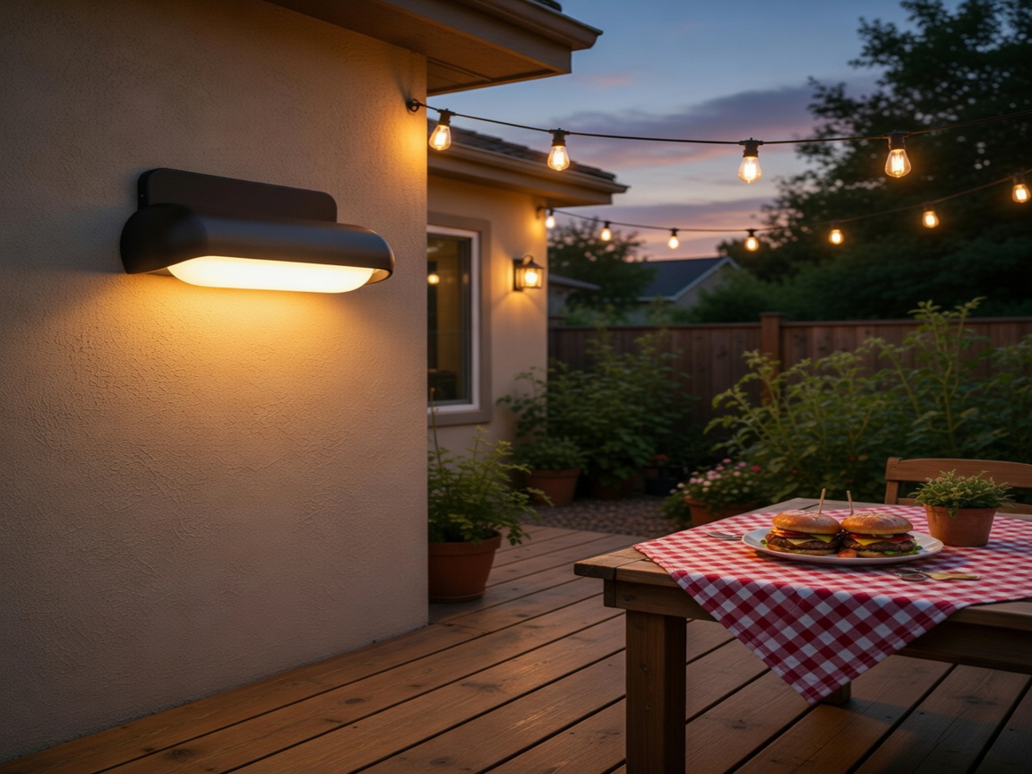 PLUSLED modern outdoor wall sconce mounted on backyard patio wall at summer evening
