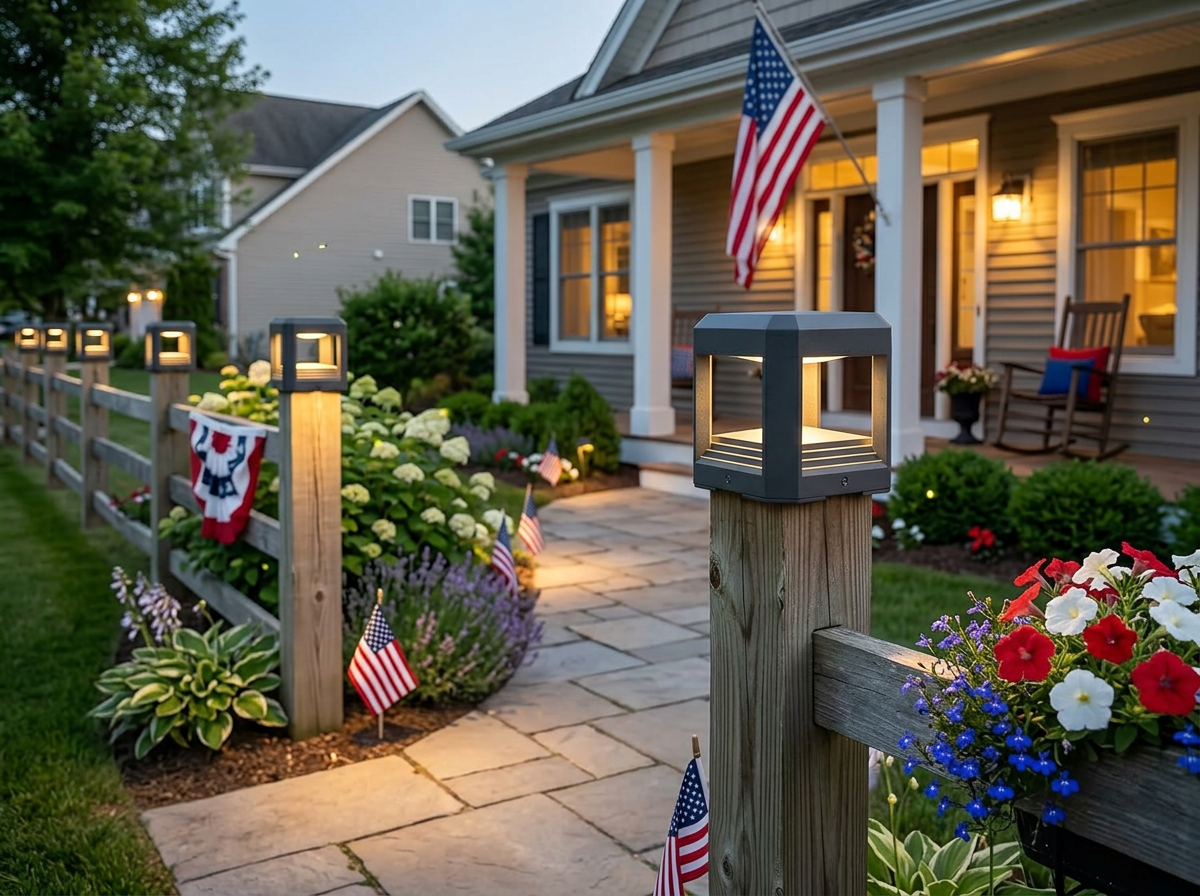 PLUSLED modern LED pillar post light on fence along garden path in American front yard summer evening