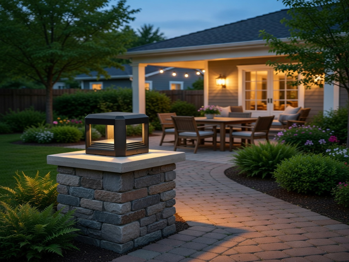 PLUSLED LED post light on a modern American backyard garden pathway