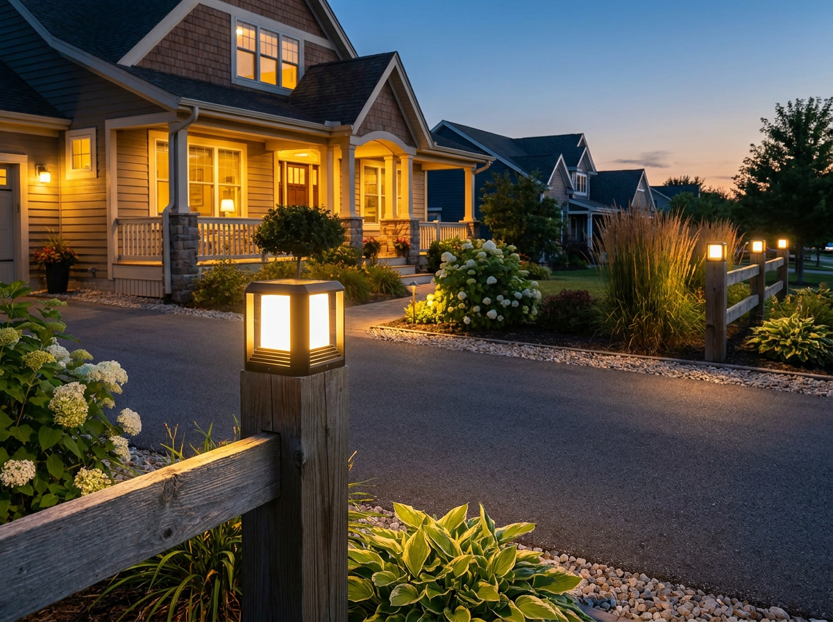 PLUSLED modern black outdoor post cap lantern light on a wooden 4x4 driveway garden post in an American suburb at twilight