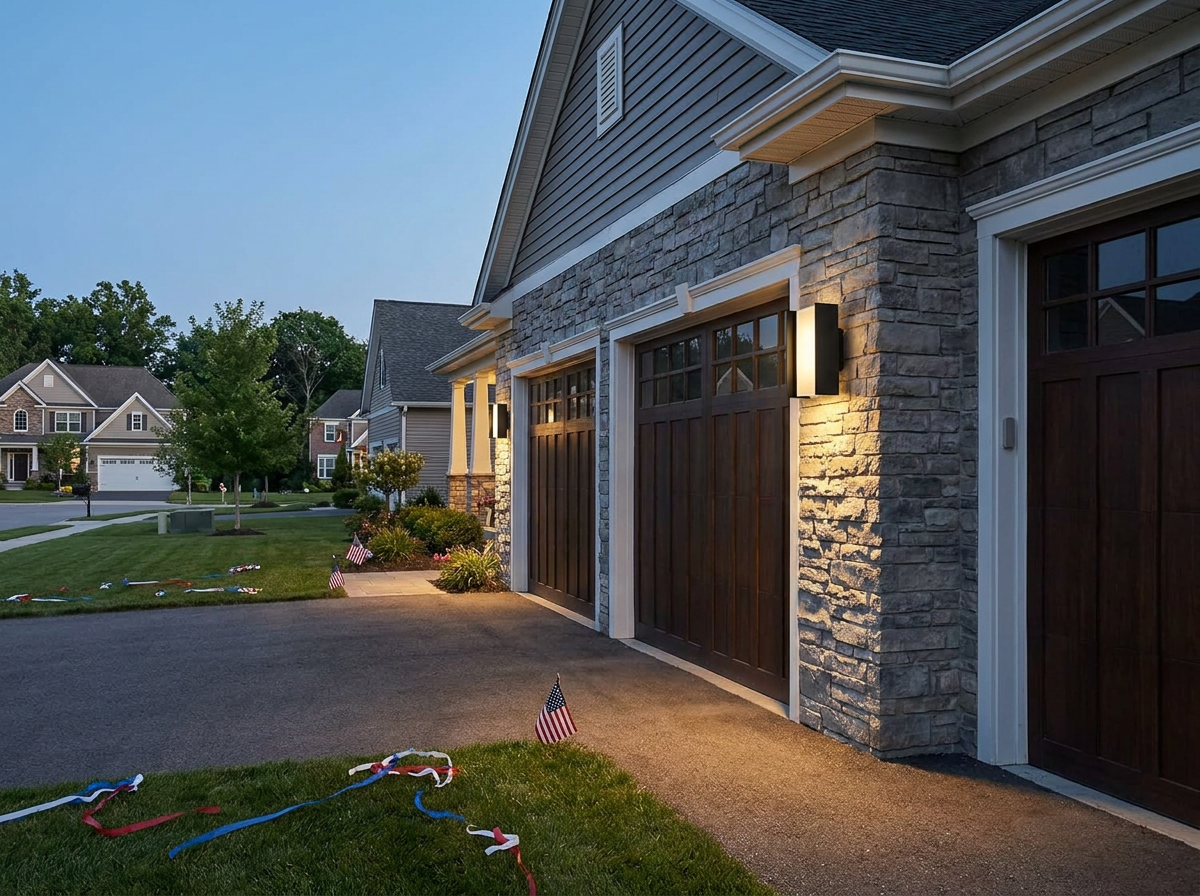 PLUSLED 20W up-down matte black LED wall sconce mounted on the side of a suburban American garage at evening