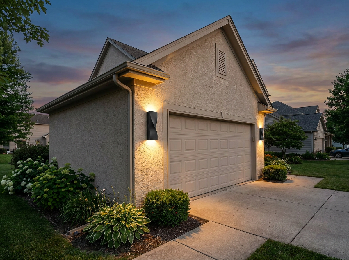 PLUSLED 15.75-inch modern outdoor wall sconce illuminating the side of a suburban American two-car garage at summer twilight