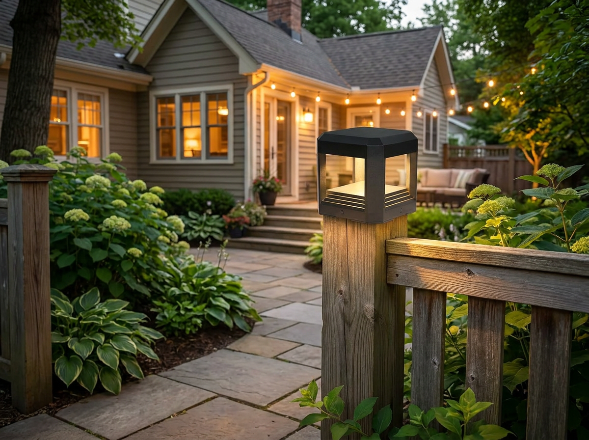 PLUSLED 5.94-inch LED pillar light installed on backyard wooden fence post during summer evening