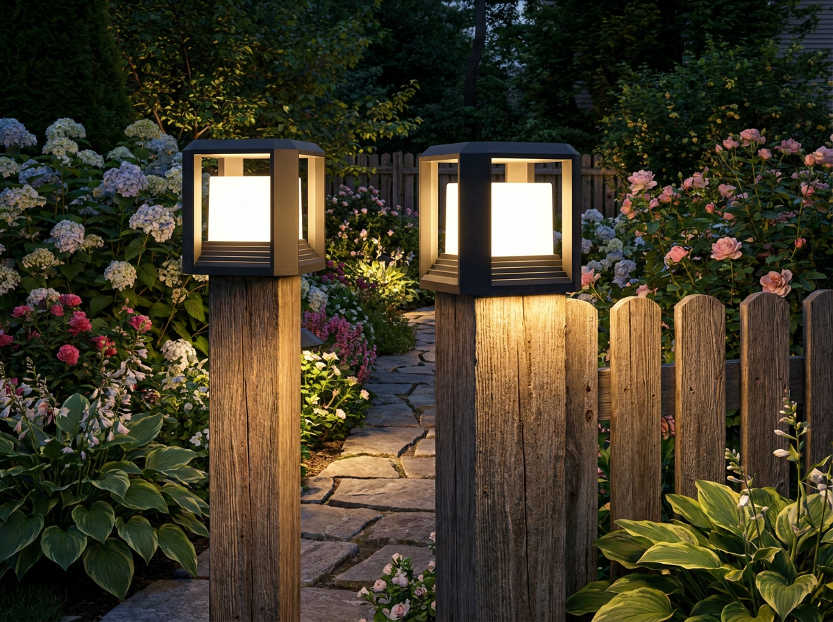 PLUSLED outdoor post light mounted on a wooden garden fence post along a stone path