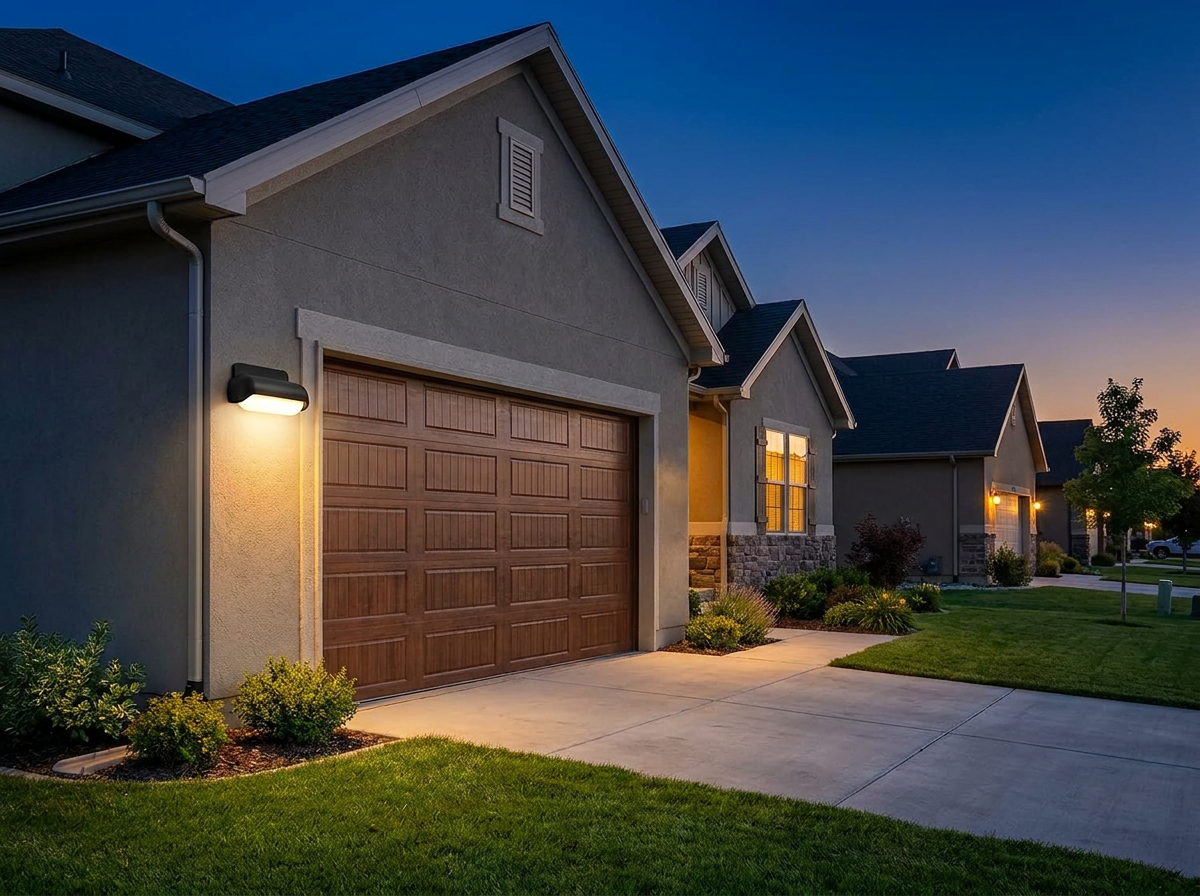 PLUSLED 13W Modern Wall Sconce mounted beside a suburban American garage during summer blue hour