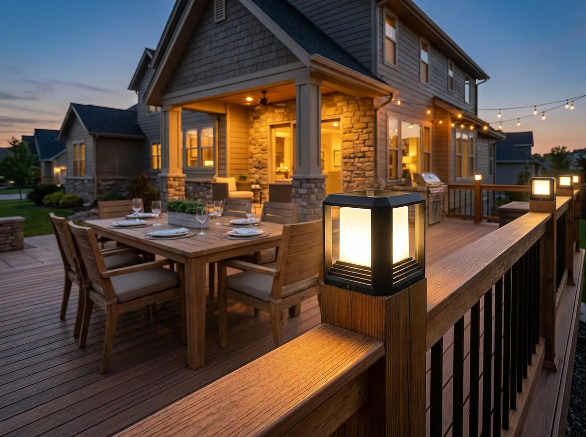 PLUSLED 20W modern black outdoor post cap light on wooden deck railing of upscale American home at summer twilight