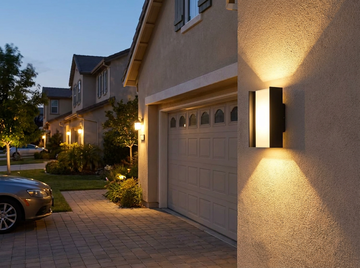 PLUSLED matte black up-down outdoor wall sconce mounted beside an American two-car garage in the evening