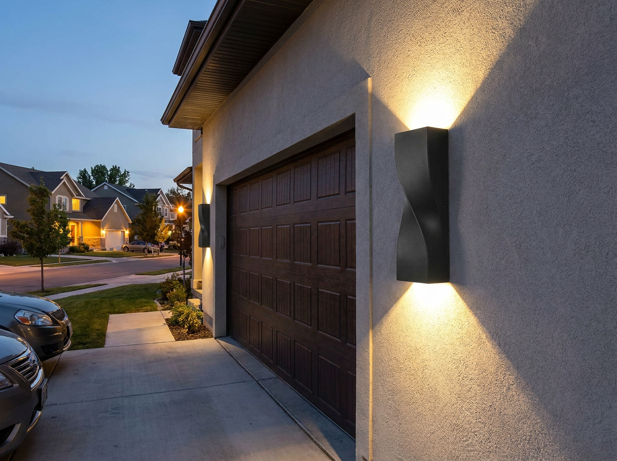 PLUSLED 15.75-inch S-shape wall sconce mounted next to garage in modern American driveway evening scene