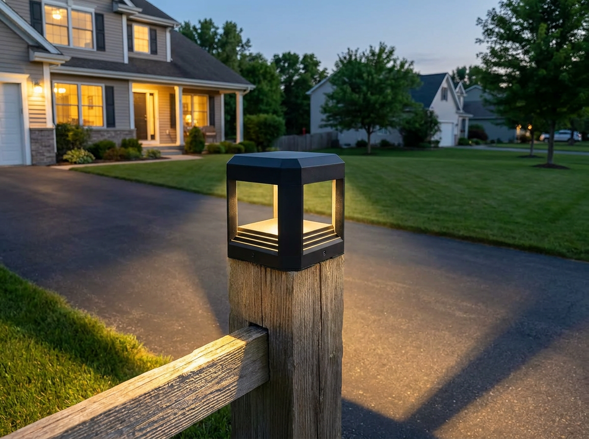 PLUSLED hard-wired LED pillar post light on a suburban American driveway fence post in summer