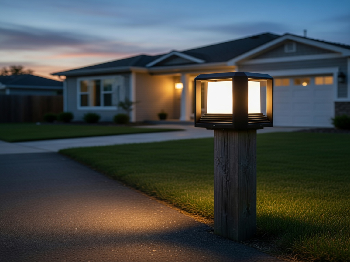 PLUSLED 20W outdoor LED post light on a wooden fence post lining a modern American driveway