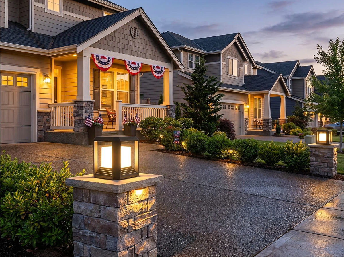 PLUSLED modern black outdoor LED pillar post light mounted on a driveway column of a suburban American home in the evening