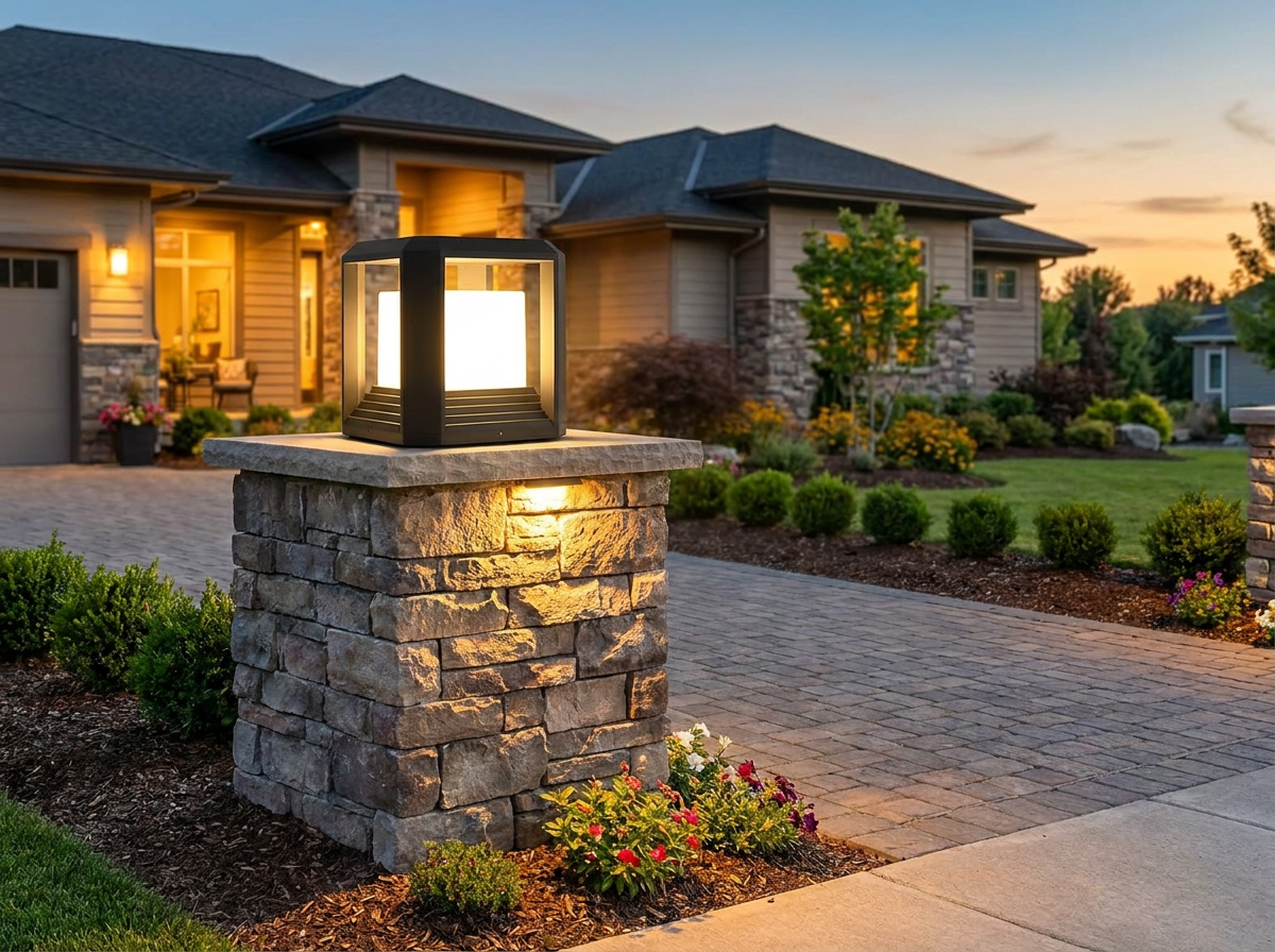 PLUSLED 20W modern black outdoor pillar post light on stone driveway column at summer twilight