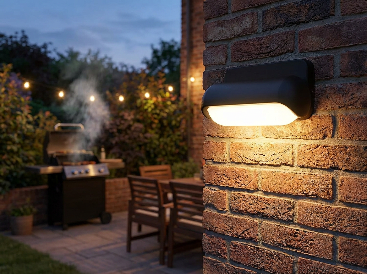 PLUSLED modern outdoor LED wall sconce installed on American backyard patio at dusk