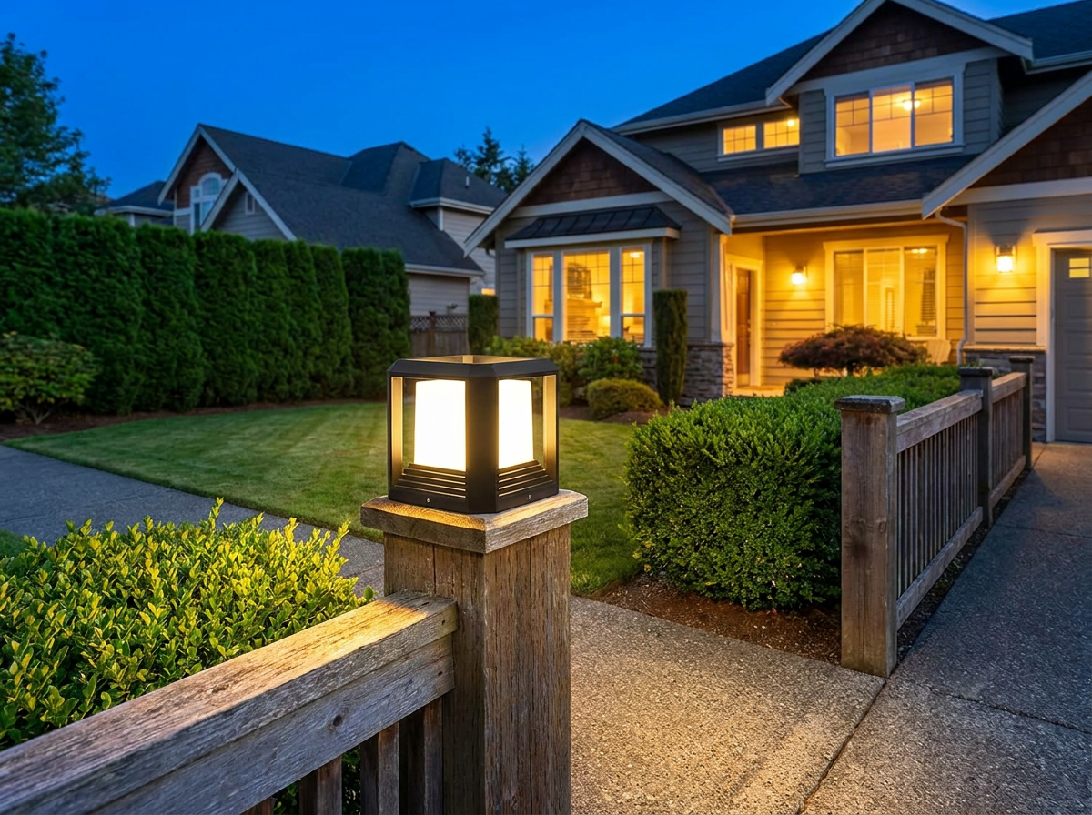 PLUSLED modern black outdoor post cap light on a wooden garden fence lining an American suburban driveway at evening