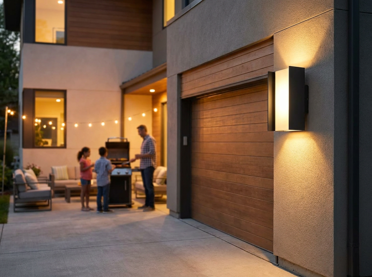 PLUSLED 20W matte black outdoor wall sconce installed beside a modern American garage door during a summer evening backyard BBQ