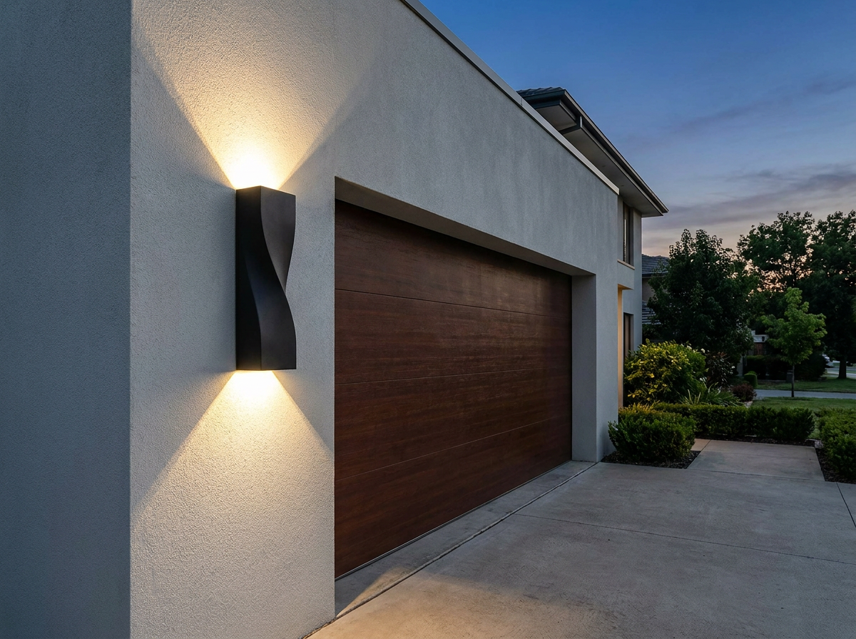 PLUSLED S-shape outdoor wall sconce mounted next to a garage on a modern American suburban home
