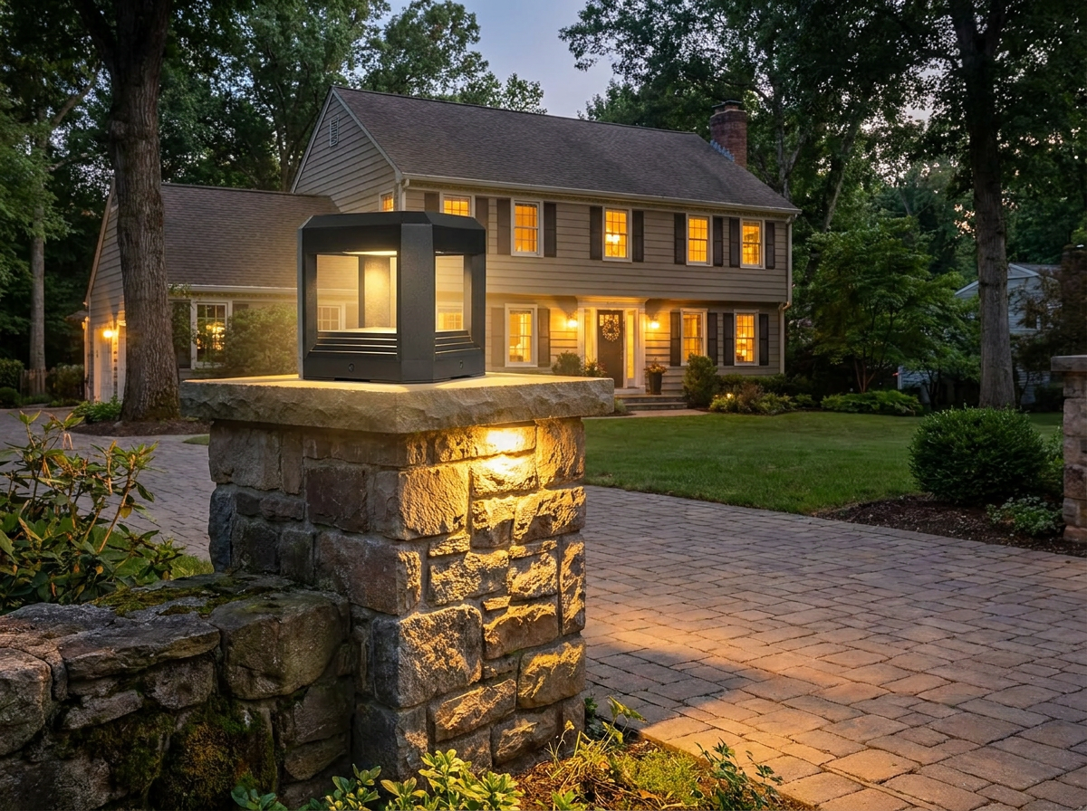 PLUSLED 5.94 inch 13W LED pillar post light mounted on a stone driveway entry column at a cozy American colonial home in the evening