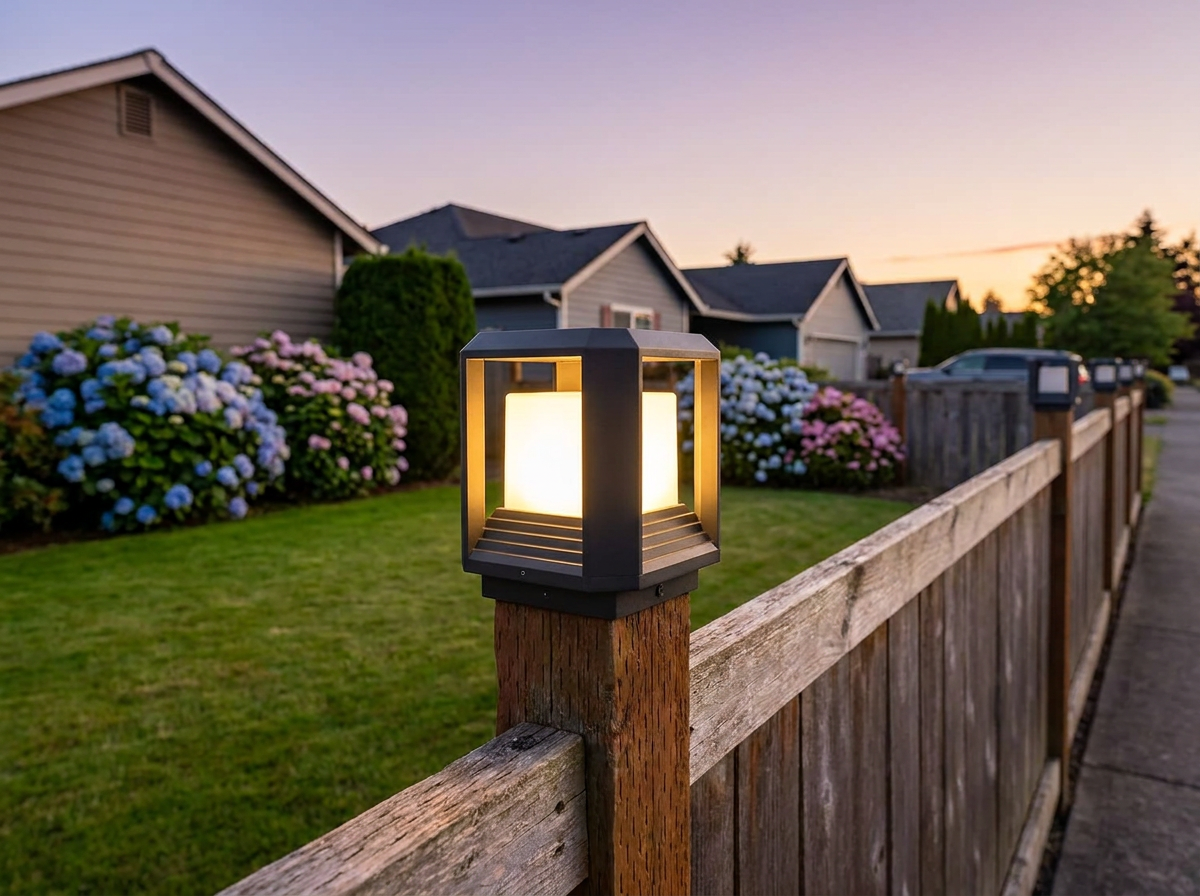 PLUSLED 9.88 inch modern black outdoor post light mounted on a wooden fence lining an American suburban driveway at summer dusk