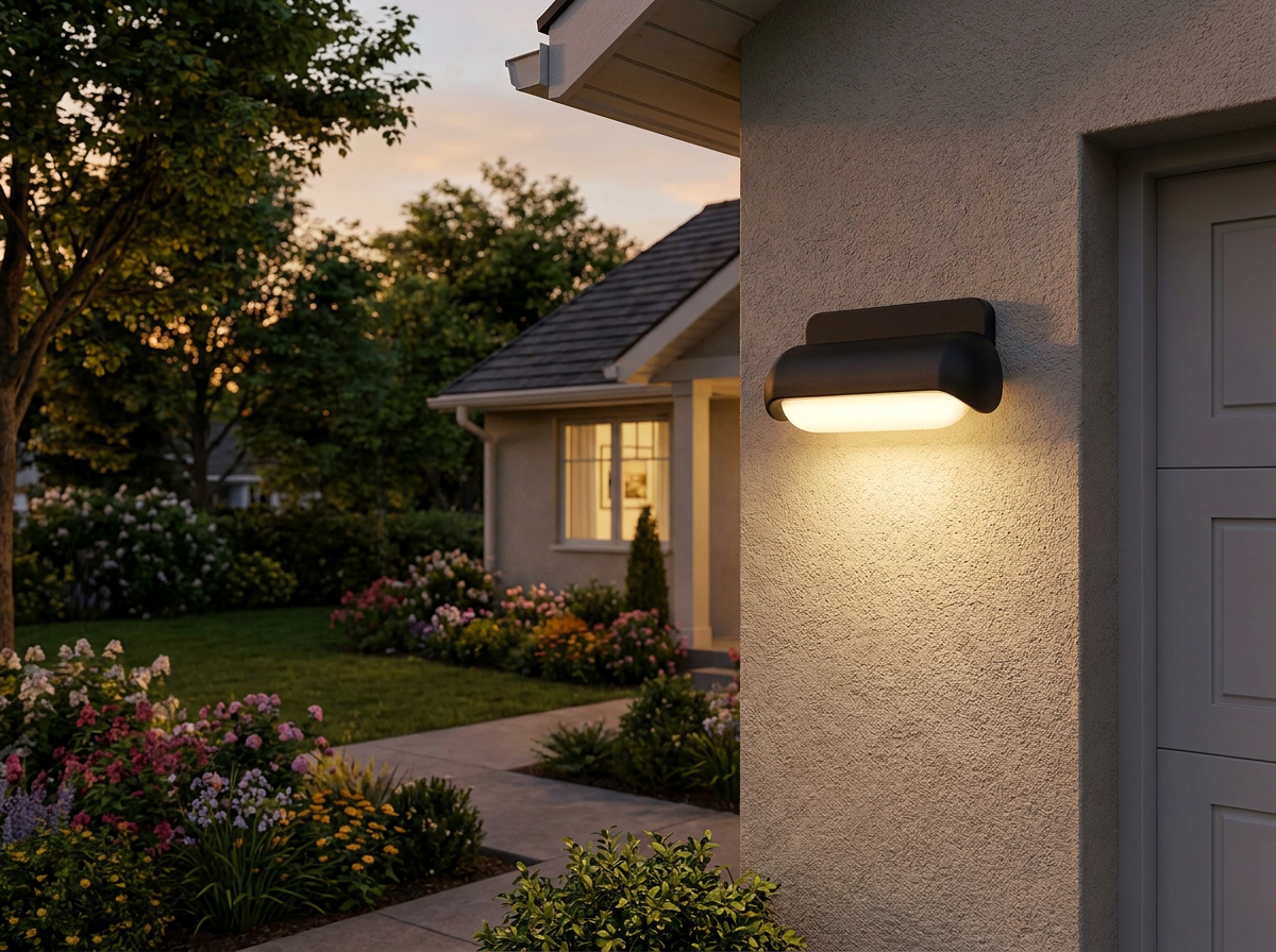 PLUSLED modern outdoor wall sconce mounted on a suburban garage side wall