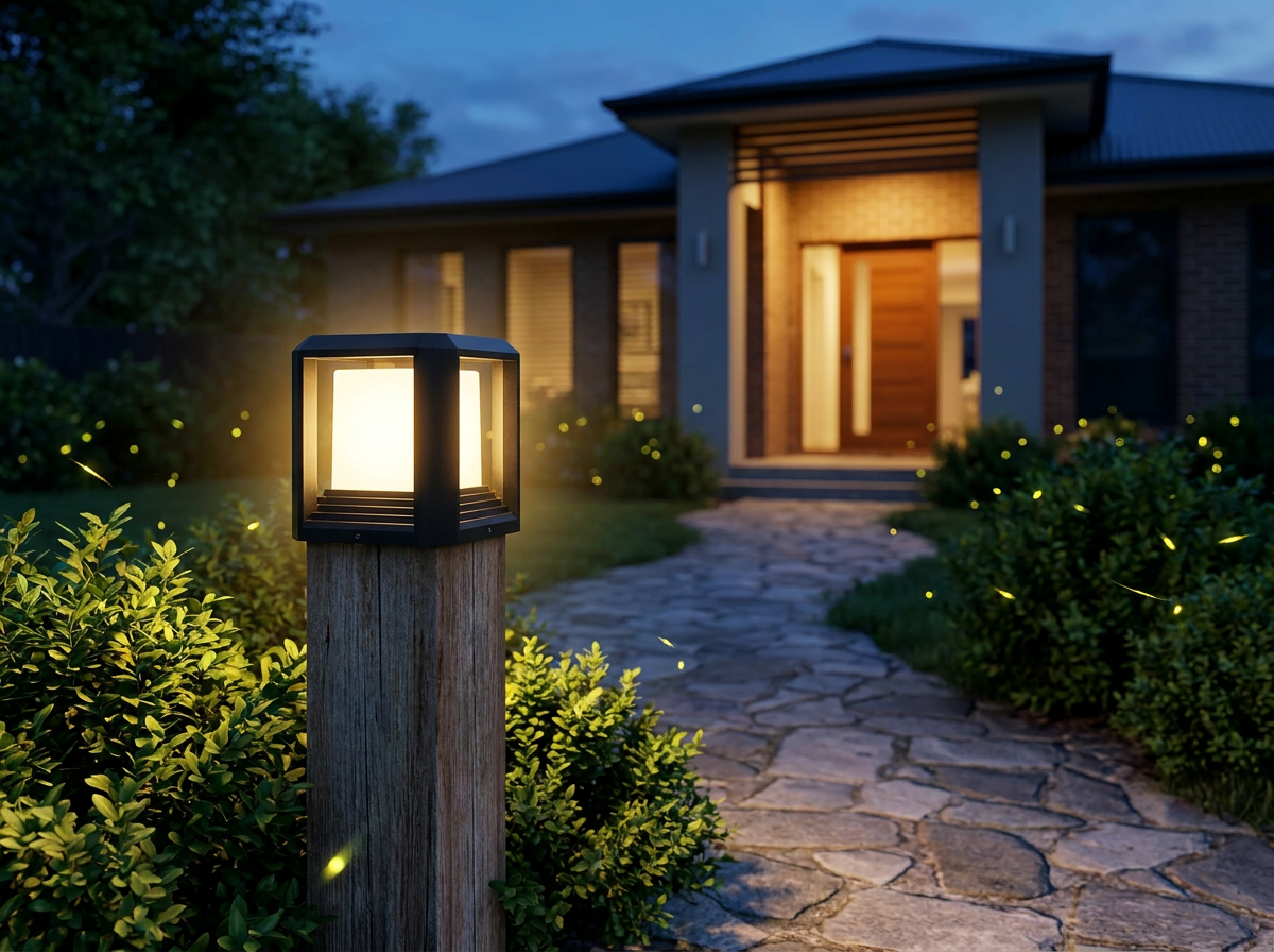 PLUSLED outdoor post light illuminating a stone garden path in a warm summer American front yard