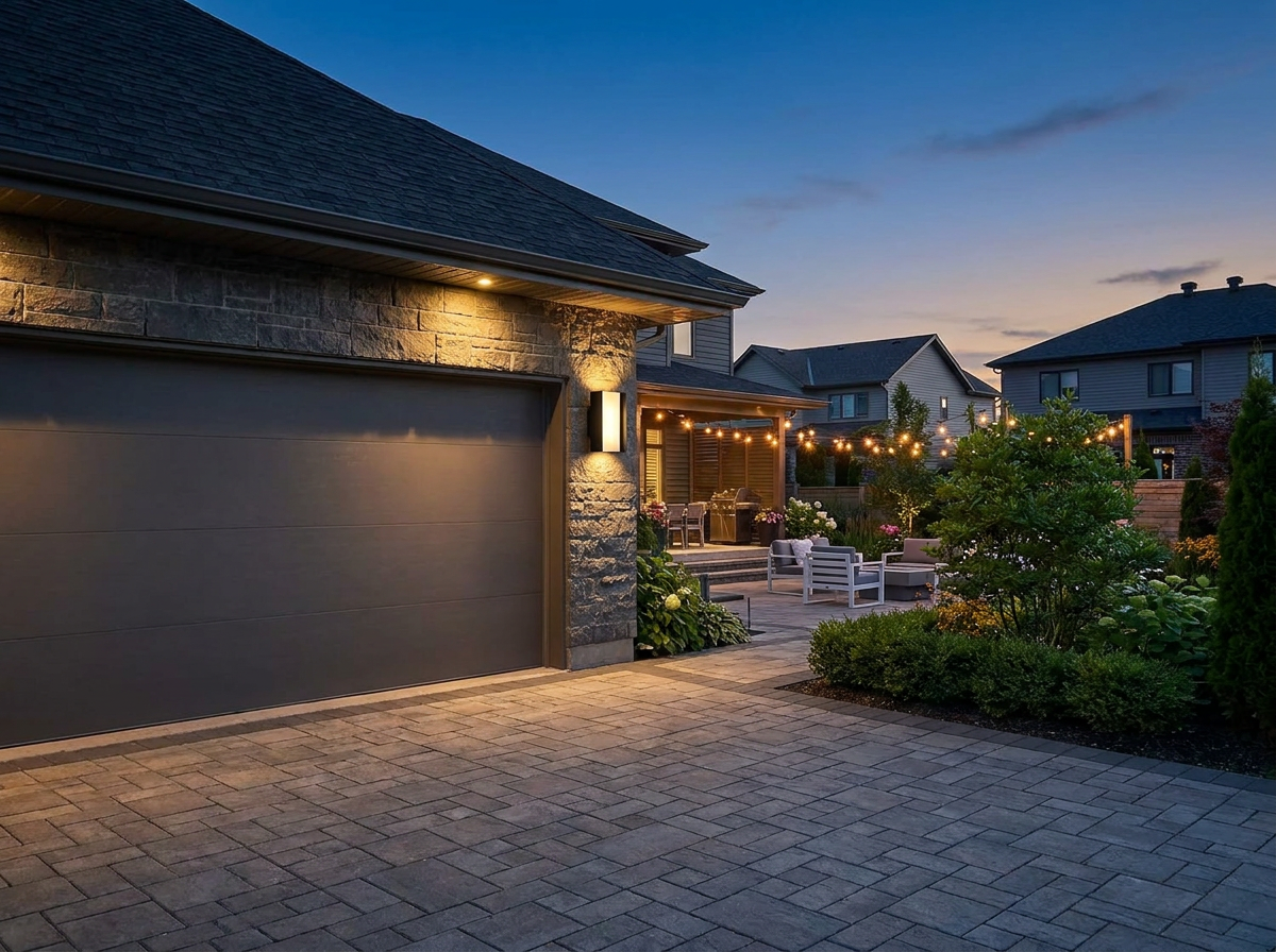 PLUSLED 20W modern black outdoor wall sconce mounted on a garage exterior at twilight with warm up-down light on the wall