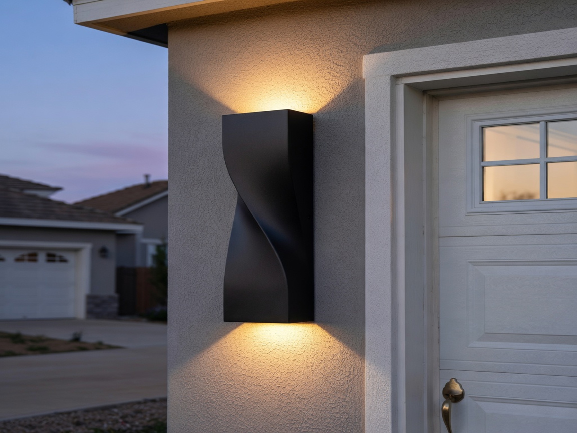 Large black S-shape modern outdoor wall sconce mounted beside a garage side entry on an American suburban home