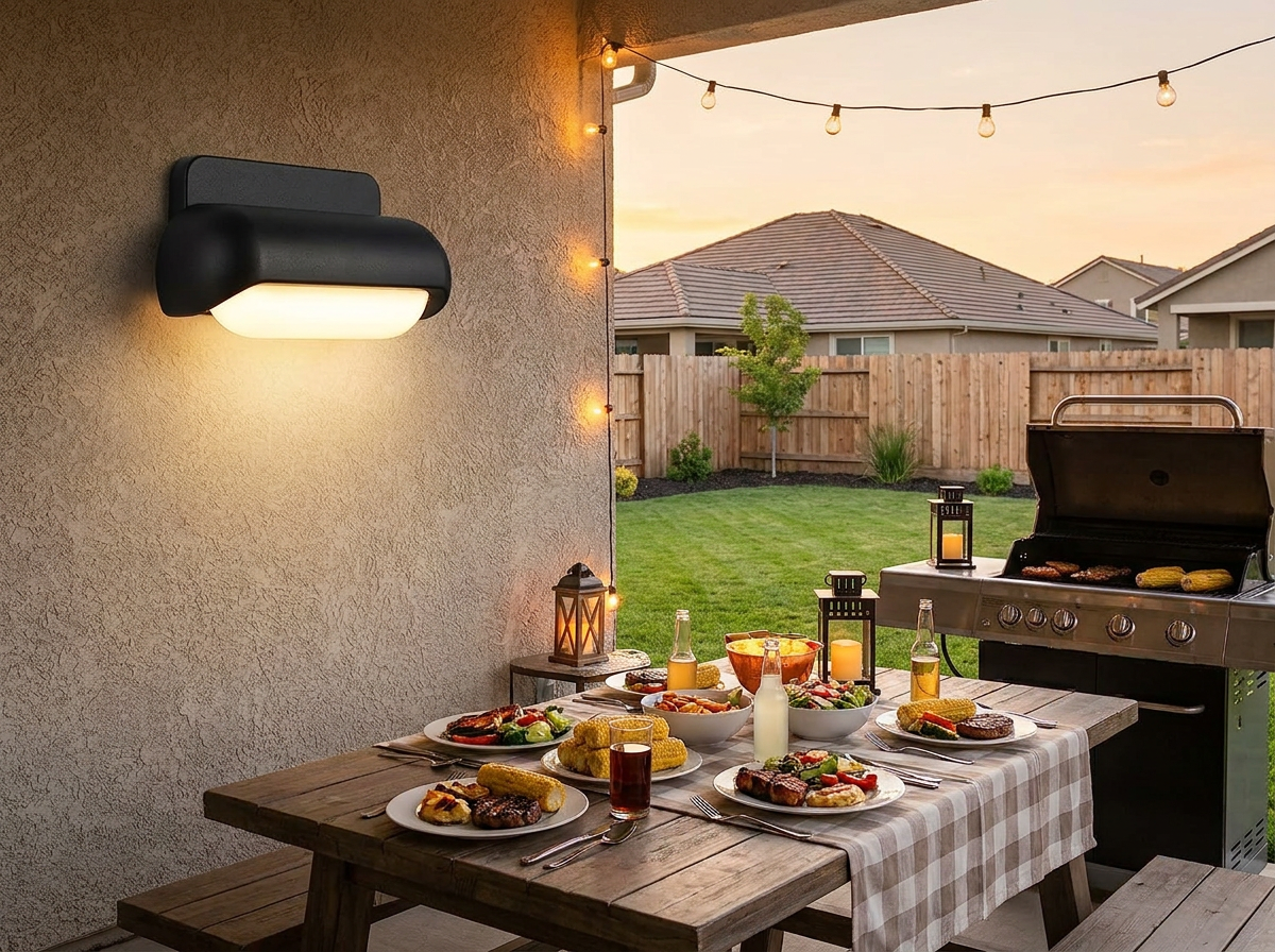 PLUSLED modern outdoor wall sconce mounted on a backyard patio wall during a summer American BBQ evening