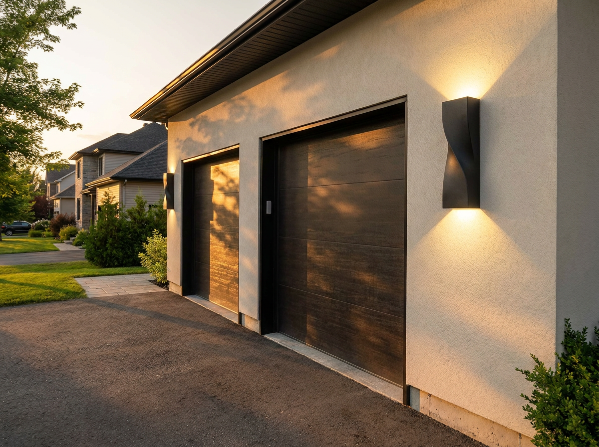 PLUSLED 15.75 inch S-shape wall sconce mounted on a suburban American garage exterior in summer