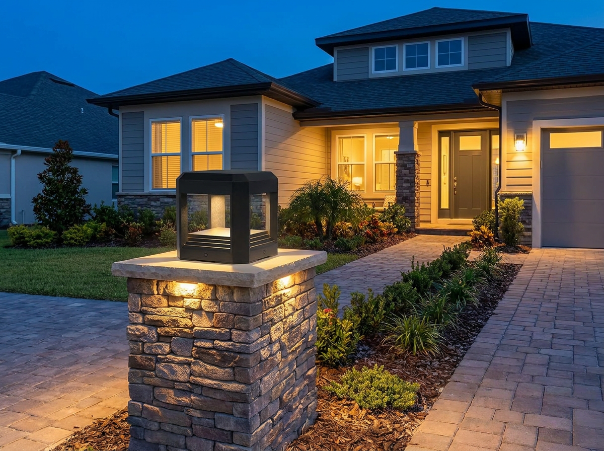 PLUSLED outdoor LED pillar light on a stone driveway column of a modern American suburban home at twilight