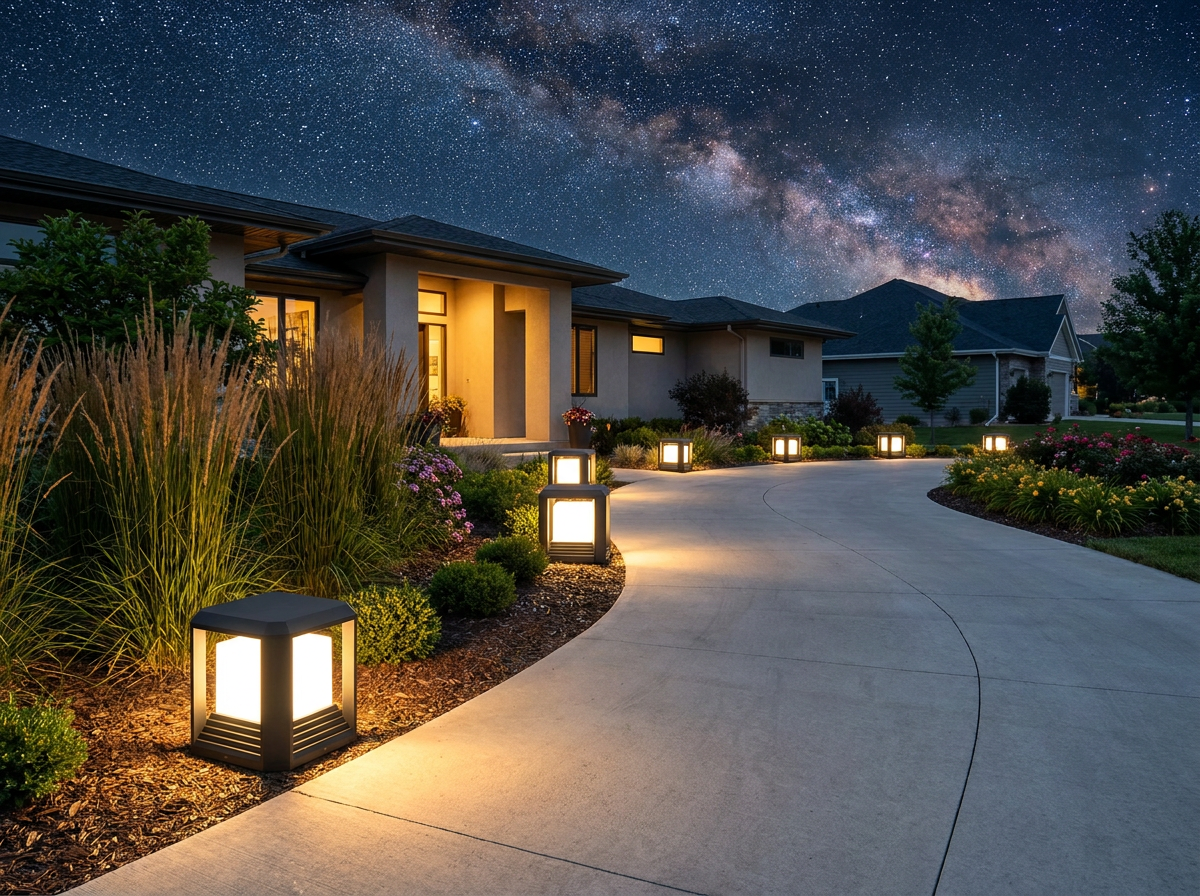 PLUSLED 20W modern black outdoor post light lining a curved suburban American driveway on a summer evening