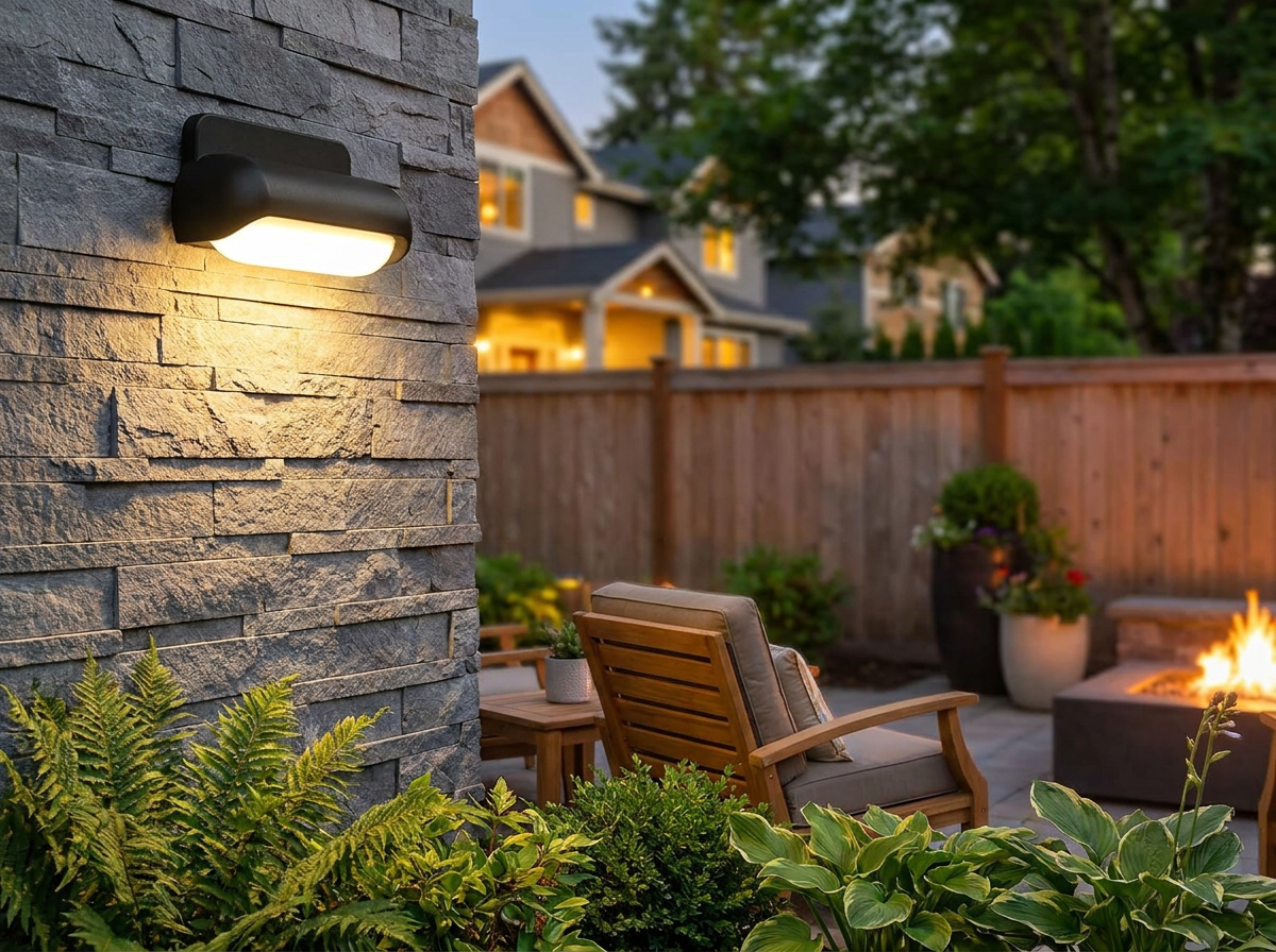 PLUSLED modern wall sconce on backyard patio wall during summer evening