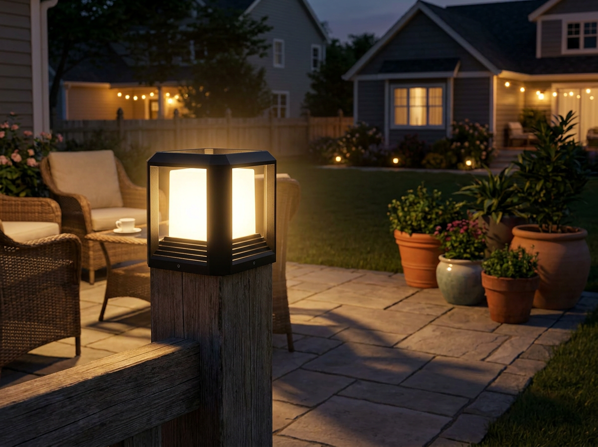 PLUSLED modern black outdoor post light mounted on a wooden garden fence post above a paved patio with summer evening ambiance