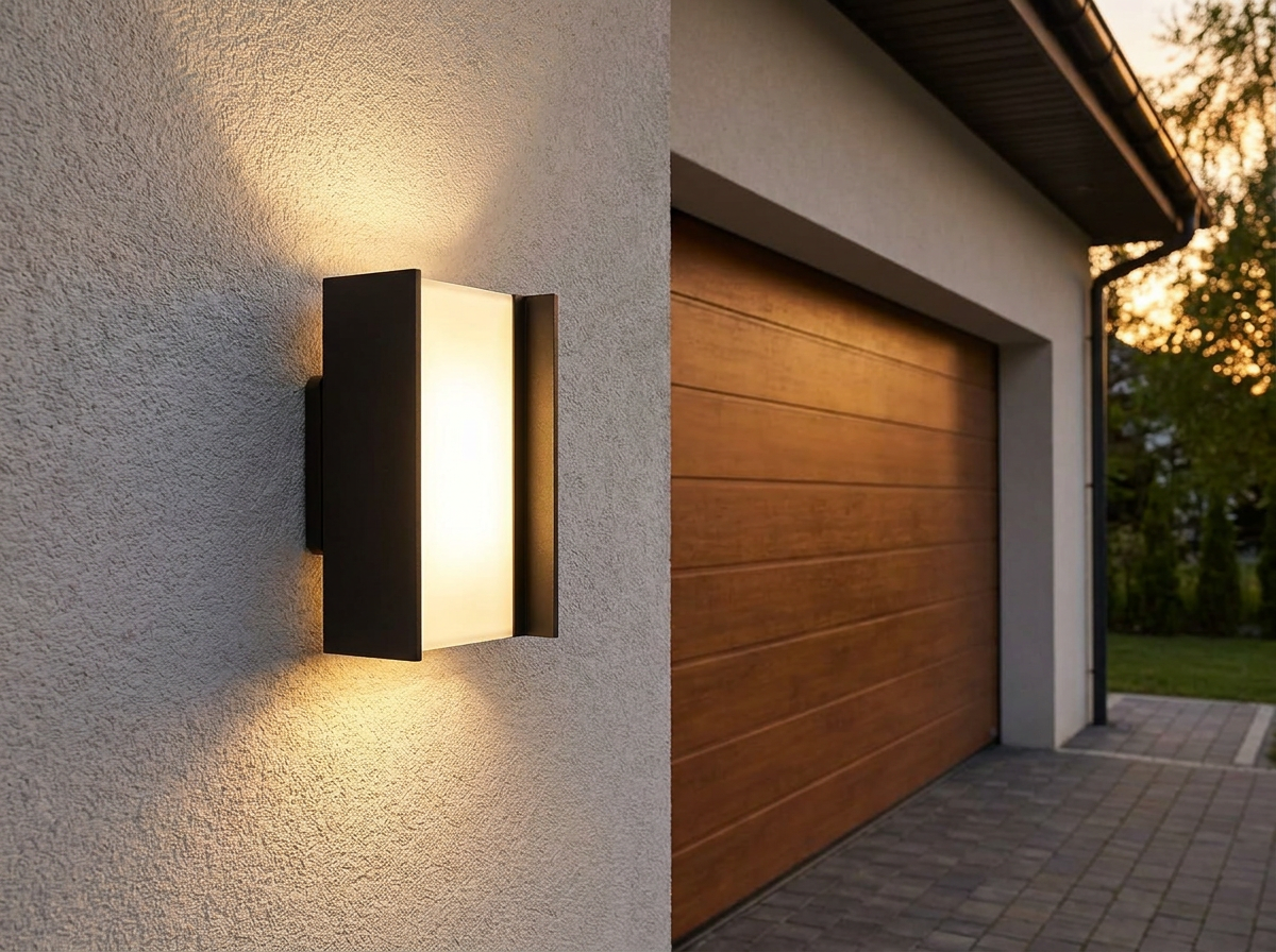 PLUSLED 20W matte black outdoor wall sconce installed on a suburban American garage exterior wall at dusk showing up-down warm white LED illumination
