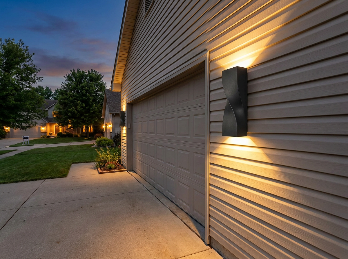 PLUSLED Large 15.75-inch S-shape wall sconce mounted on an American garage exterior in summer evening ambiance