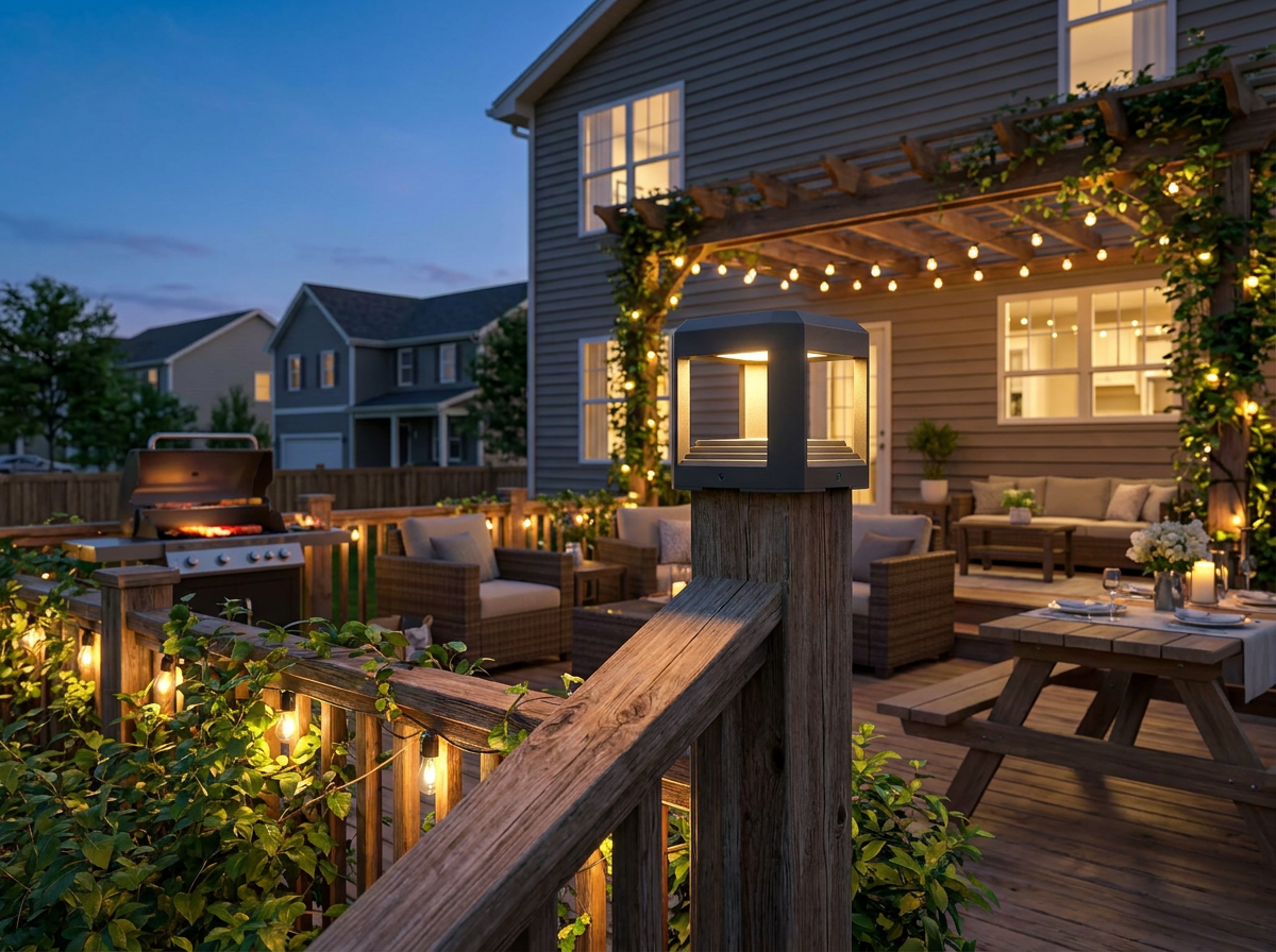 PLUSLED outdoor post light on a wooden deck railing during a summer BBQ evening