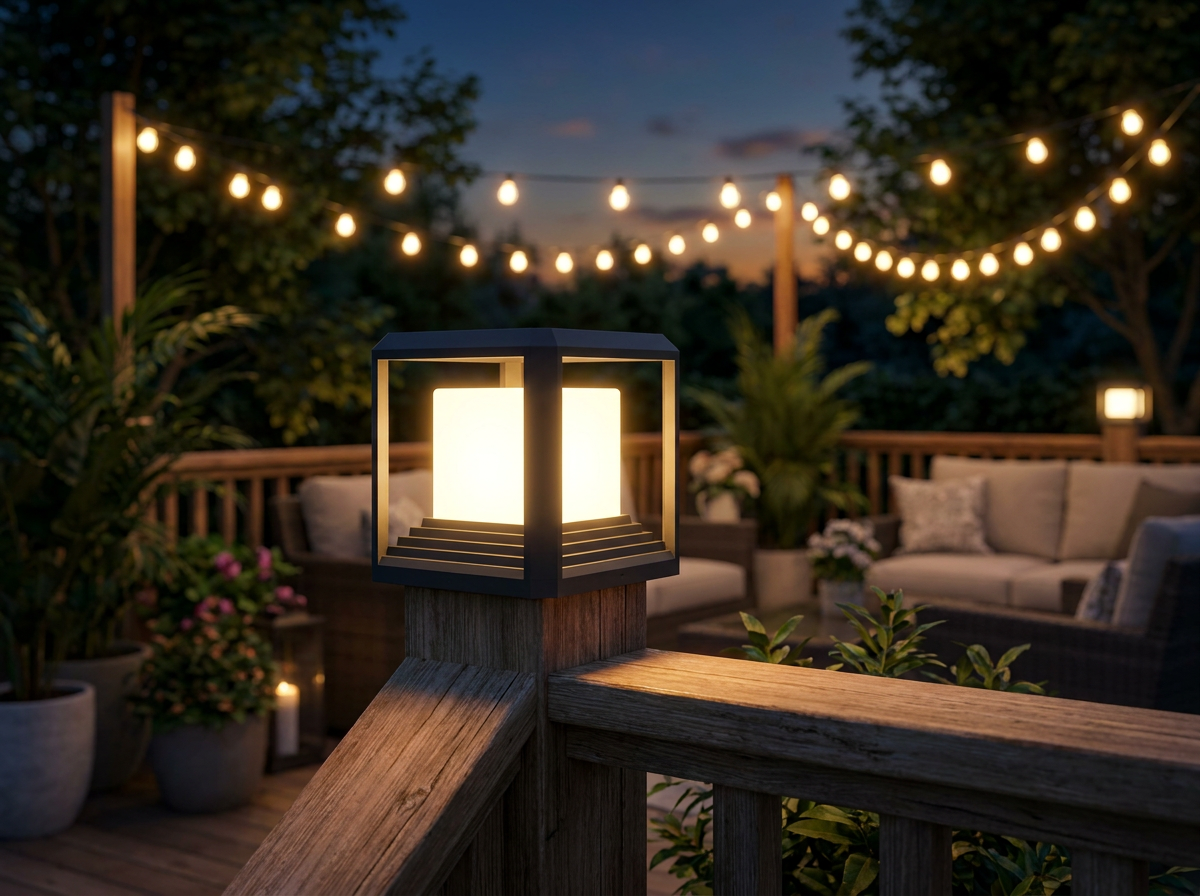 PLUSLED 9.88-inch black pillar post light glowing warm on a backyard deck railing during a cozy American summer evening