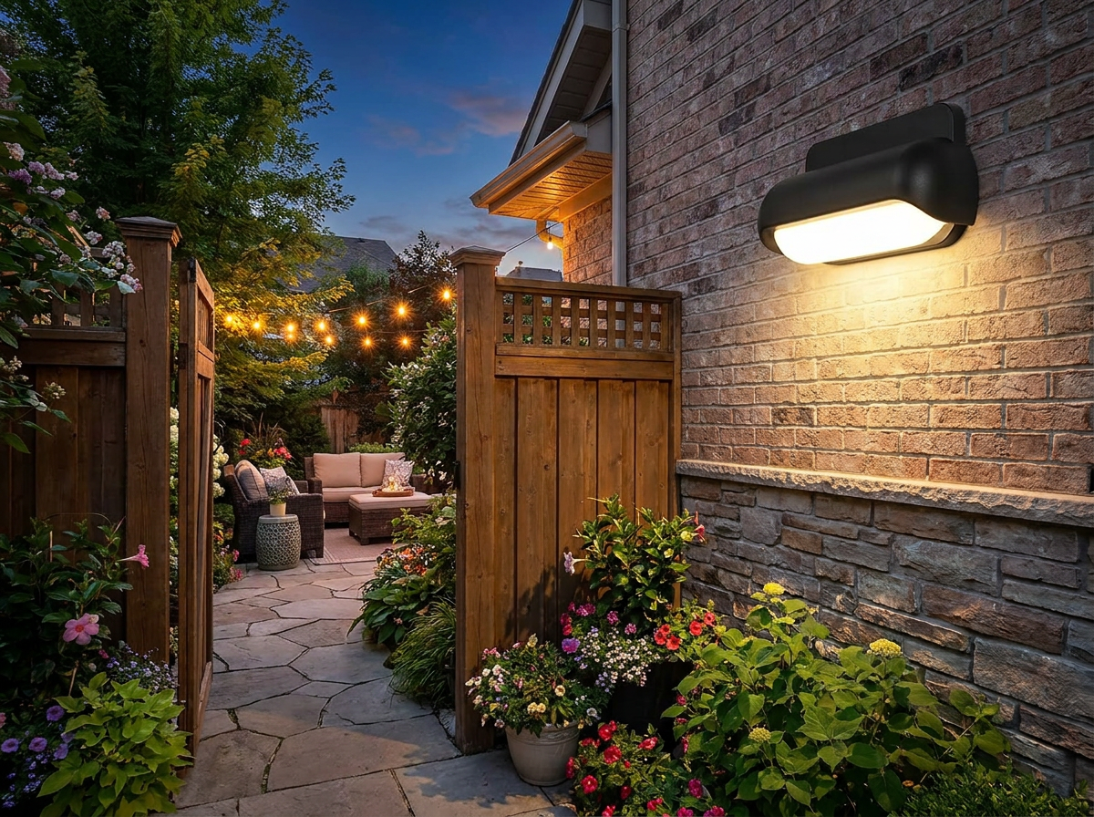 PLUSLED 13W LED outdoor wall sconce mounted on brick patio wall in an American backyard summer evening
