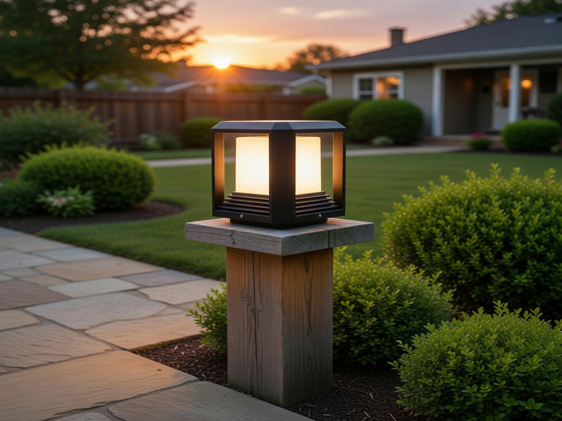 PLUSLED 20W LED post light on a suburban driveway pillar at golden hour, late-summer American front yard landscaping