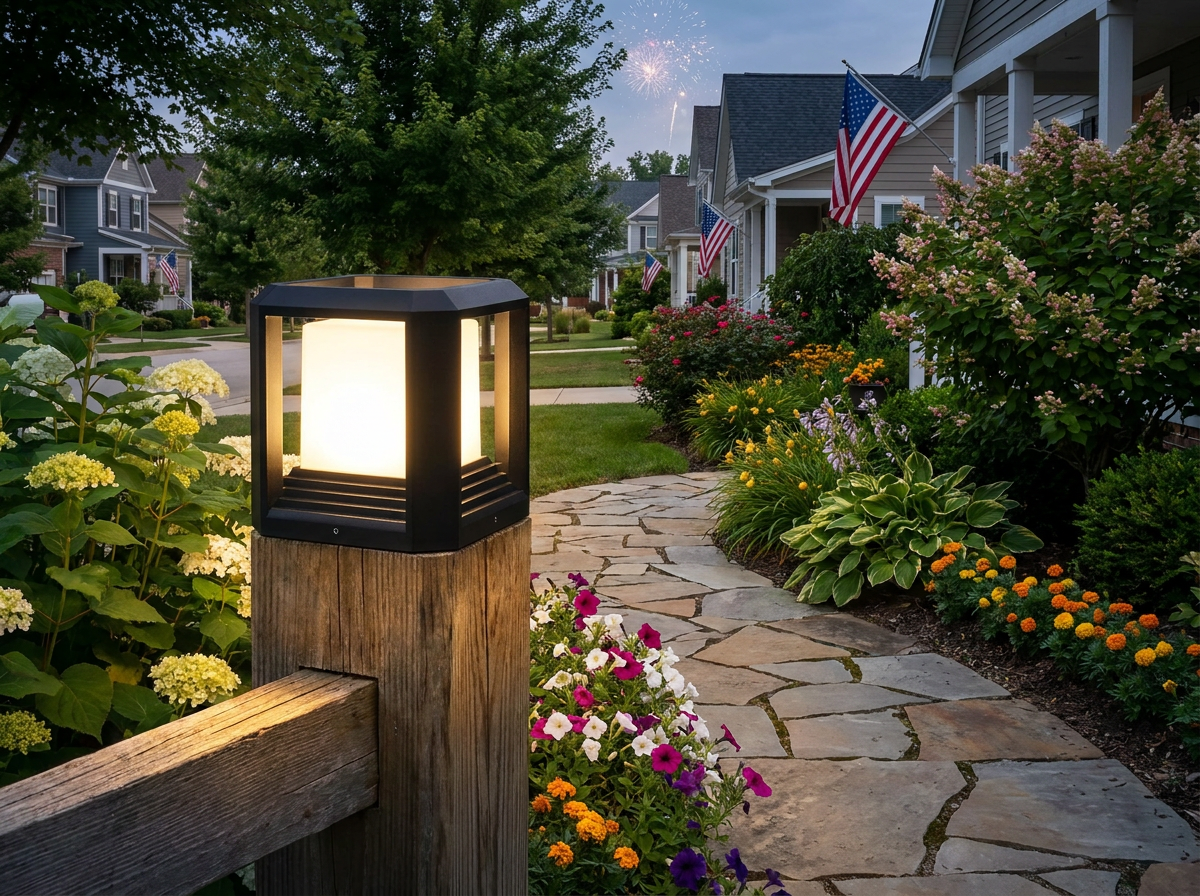 PLUSLED modern black outdoor LED post cap light on garden fence pillar in American backyard garden