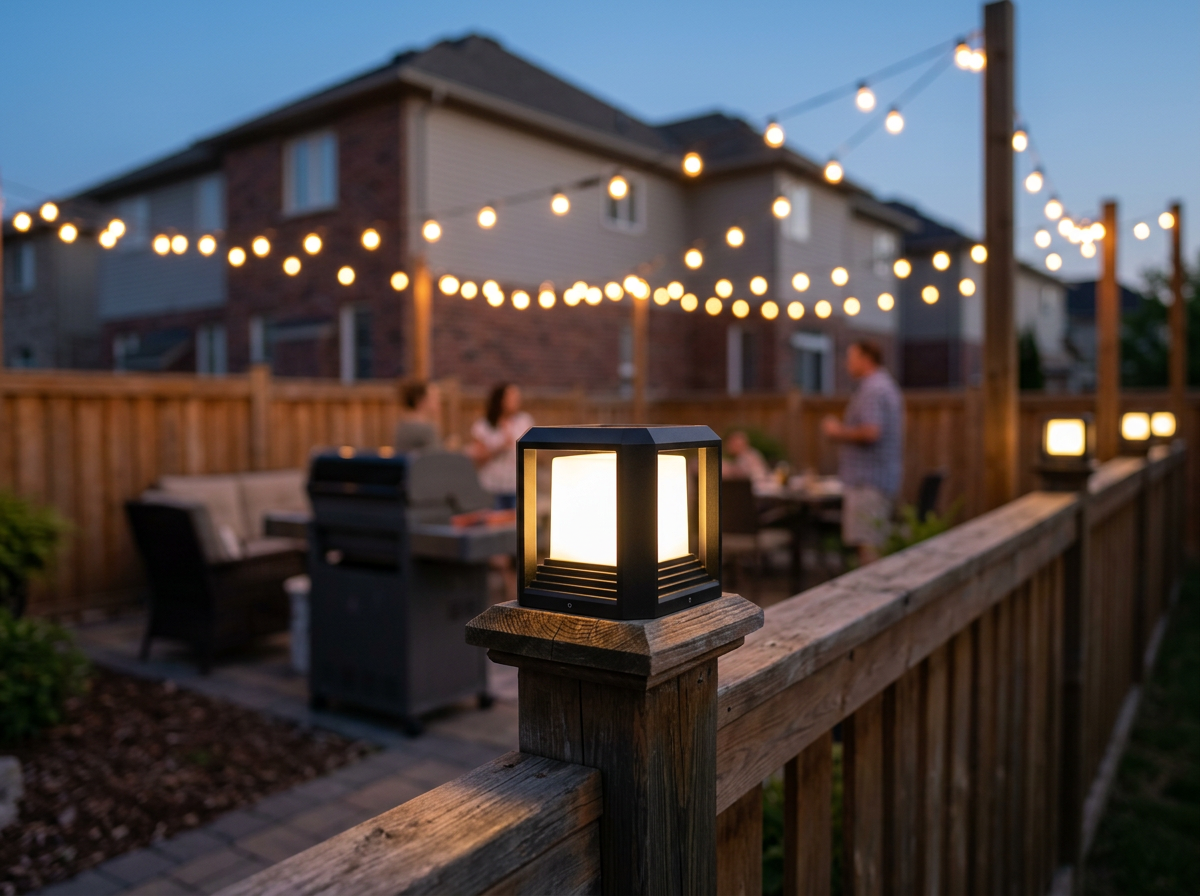 PLUSLED outdoor post light on a wooden fence with string lights above in a summer backyard BBQ scene